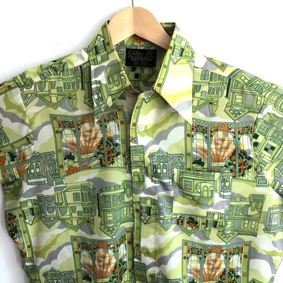 Vtg 70s NATIONAL Button Front Shirt Art Houses 16 - Picture 1 of 15